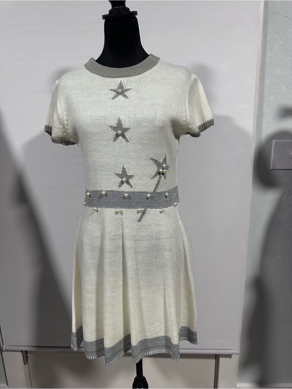 No Boundaries Ivory Knit Star Embellished Sweater Dress with Gray Trim